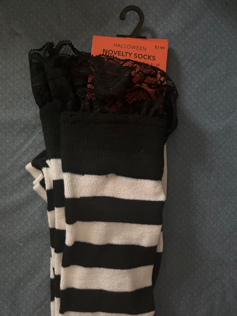 Over the knee black and white striped socks lace trim costume scene emo mallcore